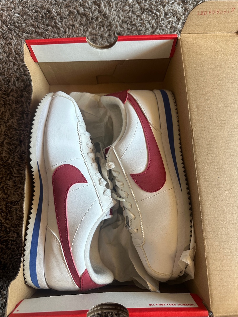 Nike Cortez White Sneakers with Burgundy Swoosh and Blue Heel Stripe